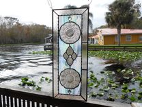 Pink Cherry Blossom Depression Glass Stained Glass Plate Panel, Antique Stained Glass Window Transom 4 small