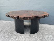 Modern Live Edge Coffee Table- Round Slab- Claro Walnut- Burl- Black Steel Bases- Crescent Moon 2 small