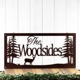 Personalized Rectangular Metal Family Name Plaque with Doe Deer and Pine Trees 1 small