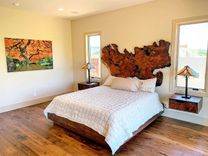 Redwood Burl Headboard W/ Floating Walnut+Redwood Nightstand Cabs, King Bed Frame Walnut+Padauk 1 small