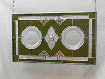 Depression Glass Stained Glass Panel, 1930s Iris And Herringbone Plates 5 small