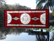 Depression Glass Plate Valance, Antique Stained Glass Transom Window, Federal Glass Heritage Pattern 1 small