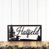 Personalized Rectangular Metal Family Name Sign with Lake Loon and Pine Trees, Script Lettering 1 small