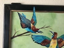 Ruffled Feathers--Handpainted Birds On Vintage Cabinet Door 2 small