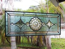 1930s Heisey Depression Glass Stained Glass Panel, Vintage Window Transom W Peerless Plate 3 small