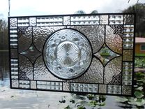 Recycled Depression Glass Imperial Stained Glass Window Panel, Antique Stained Glass Transom Window 3 small
