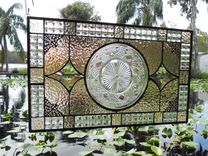 Recycled Depression Glass Imperial Stained Glass Window Panel, Antique Stained Glass Transom Window 1 small