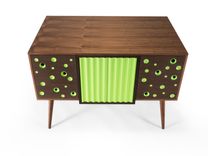Modern Walnut Credenza, Buffet, Server, Sideboard, Lime Green Doors, Mid Century Style, Peg Legs 5 small