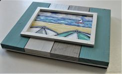 Impressionist Acrylic Beach Umbrellas Painting, 10 3/4" X 9", Framed Seascape Art Canvas 4 small