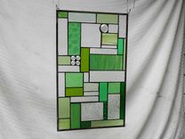 Stained Glass Patchwork Quilt Window Panel, Geometric Stained Glass Transom Window, Shades Of Green 2 small