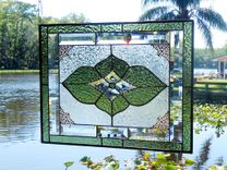 Vintage Look Stained Glass Window Panel, Neutral Champagne & Beveled Glass Transom Window 10 small