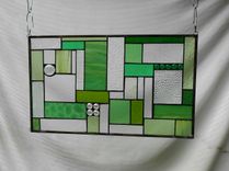 Stained Glass Patchwork Quilt Window Panel, Geometric Stained Glass Transom Window, Shades Of Green 4 small