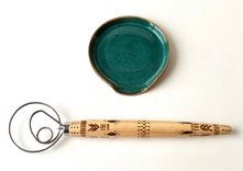 Wood Burned Danish Dough Whisk And Stoneware Spoon Rest Set 1 small