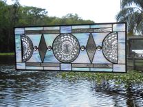 Stained Glass Plate Panel, Vintage Jeannette Cubist Stained Glass Window Transom 5 small