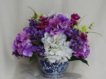 Purple And White Hydrangea Silk Floral Arrangement In Blue Pottery Vase 2 small