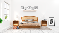Modern Platform Bed Queen Size, Low Bed Frame Wood, Art Deco, Cherry Headboard, King, "River Rushes" 1 small