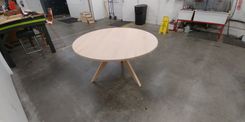 Kristin's Stained Beech Modern Tricky Tripod 54 Inch Diameter Dining Table 3 small