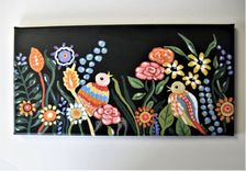 Original Acrylic Bird Painting, 16" X 8", Floral Art Canvas, Black Background 3 small