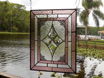 Vintage Look Stained Glass Window Panel, Textured & Beveled Glass Art, Traditional Stained Glass 6 small