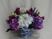 Purple And White Hydrangea Silk Floral Arrangement In Blue Pottery Vase 1 small