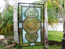 Recycled Pink Depression Glass, Antique Stained Glass Window Transom, Old Window Valance 7 small