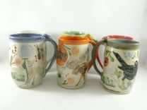 Four Coffee Mugs Set - Artistic Carved And Glazed Ceramic Mugs 16-20 Ounce Coffee Cups 2 small