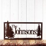 Personalized Rectangular Metal Family Name Plaque with Pine Trees 1 small