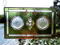 Depression Glass Stained Glass Panel, 1930s Iris And Herringbone Plates 3 small