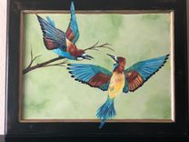 Ruffled Feathers--Handpainted Birds On Vintage Cabinet Door 1 small