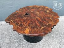 Modern Live Edge Coffee Table- Round Slab- Claro Walnut- Burl- Black Steel Bases- Crescent Moon 3 small