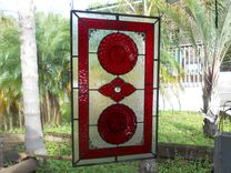 Stained Glass Window Panel, Depression Glass Plate Valance, Ruby Red Bubble 6 small