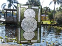 Depression Glass Pineapple And Floral Stained Glass Window, Antique Plate Panel, Window Valance 4 small