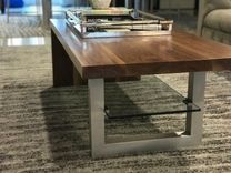 Modern Walnut Waterfall Coffee Table With Glass Shelf And Metal Leg. 2 small