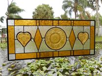 Stained Glass Transom Window, Sandwich Glass Stained Glass Plate Panel With Vintage Tiara Hearts 1 small