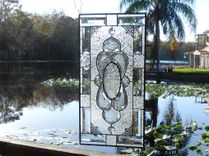 Vintage Look Traditional Stained Glass Transom Window, Tiara Sandwich Glass Plate Panel 6 small