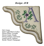 Handmade Embroidered Corner Bookmark: Antique Violet Monogram On Cream Felt With Lilac Initial "A" 2 small