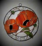 Orange Poppies - Round Stained Glass Panel/ Sun Catcher With 3d Leaves And Buds 3 small