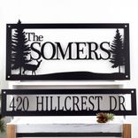 Personalized Metal Family Name and Address Sign with Doe Deer and Pine Trees 1 small