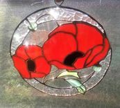 Orange Poppies - Round Stained Glass Panel/ Sun Catcher With 3d Leaves And Buds 5 small