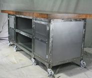 Industrial Kitchen Island W/ Storage. Portable Workstation. Oak Wood Top & Polished Steel. Custom. 1 small