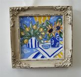 Framed Sunflower And Tulip Acrylic Painting, 5" X 5", Original Acrylic Art Canvas 2 small