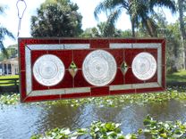 Depression Glass Stained Glass Transom Window, 1930s Duncan Miller Plate Stained Glass Plate Panel 2 small