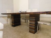 Reclaimed Softwood Dining Table With Alternating Wood Banded Legs 4 small