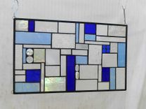 Stained Glass Panel Shades Of Blue Crazy Quilt Patchwork Geometric Stained Glass Window Transom 6 small