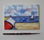 Impressionist Original Acrylic Beach Painting, 7" X 5", Sailboat, Umbrella 1 small