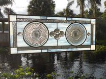 Depression Glass Stained Glass Panel, 1960s Brockway Giveaway Plates, Vintage Stained Glass Transom 6 small