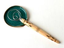 Wood Burned Danish Dough Whisk And Stoneware Spoon Rest Set 2 small