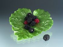 Lead Crystal Rhubarb Leaf, Pate de Verre, With Hand Blown Glass Berrry Sculptures 4 small