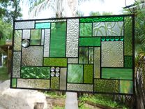 Stained Glass Patchwork Quilt Window Panel, Geometric Stained Glass Transom Window, Shades Of Green 7 small