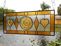 Stained Glass Transom Window, Sandwich Glass Stained Glass Plate Panel With Vintage Tiara Hearts 2 small